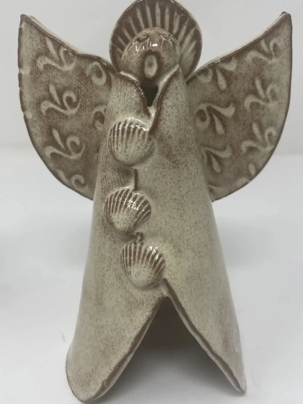 Pair Handmade Studio Pottery Ceramic Angels Folk Art Shell Detail Rustic Decor